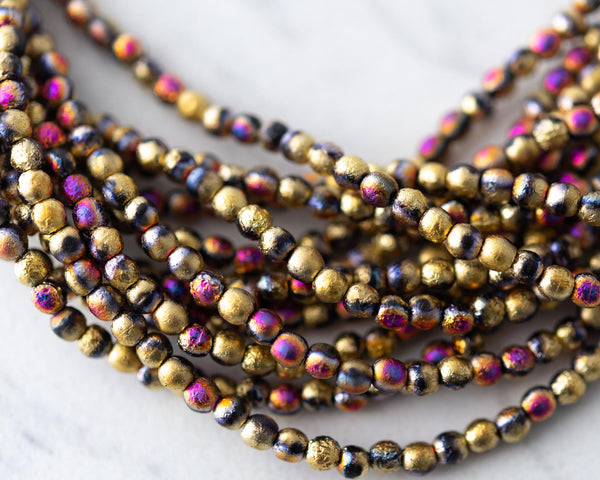 4mm Czech Glass Round Druk Beads Acid Etched Finish Purple Gold and Black 0EVE2391 EV Emporium Co