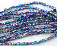 4mm Fire Polished Beads Czech Glass Acid Etched Finish Magic Blueberry Blue Aqua Purple Rainbow 0EVE2389 EV Emporium Co