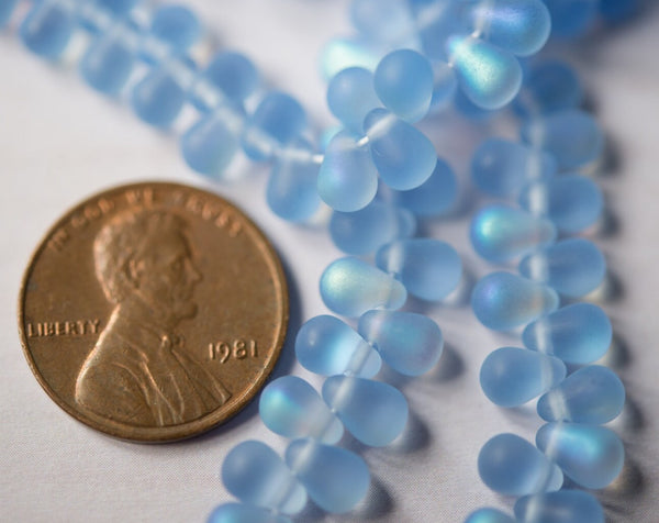 4x6mm Blue Teardrops Side Drilled Drop Beads Frosted Matte Baby Blue Czech Glass Beads Smooth Drop Beads Tear Drop - 50 Beads 00EVE416