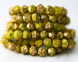 8mm English Cut Czech Glass Beads in Avocado Green with Splattered Gold Finish. 0EVE1793 Sold by EV Emporium Co