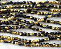 Fire Polished Beads 4mm Jet Black and Gold  Color Acid Etched Finish 0EVE2386 EV Emporium Co