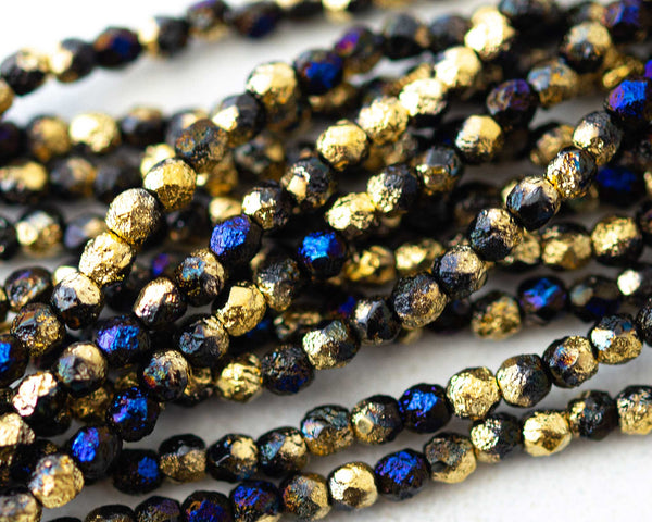 Fire Polished Beads 4mm Metallic Blue Gold Color Acid Etched Finish 0EVE2387 EV Emporium Co