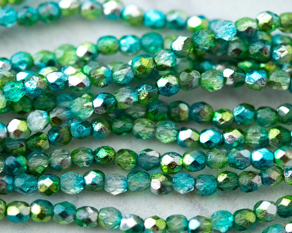 Fire Polished Beads 4mm Green Blue Silver  Color Acid Etched Finish 0EVE2404 EV Emporium Co