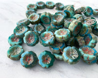 14mm Large Hawaiian Flower Beads Sea Green & Sky Blue Czech Glass Picasso Beads Focal Beads Floral Jewelry Glass Hibiscus Flower 0EVE1509