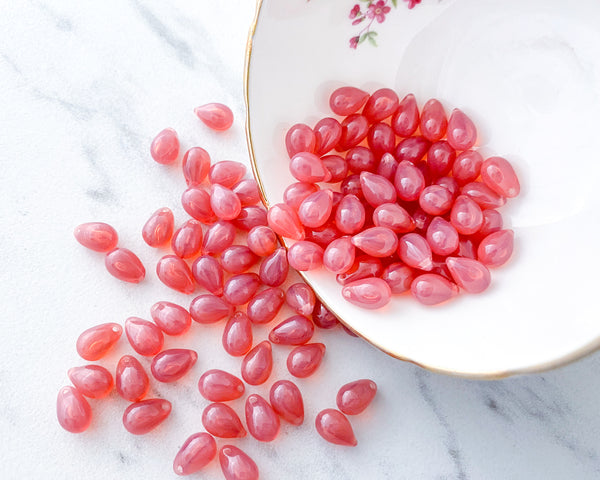 6x9mm Side Drilled Teardrops Milky Rose Pink Czech Glass Smooth Pressed Glass Drop Bead 0EVE1428