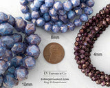 A visual size guide to illustrate the size differences of Czech glass English cut beads in 4mm, 8mm and 10mm sizes. Designed for selecting the correct size for your beading projects and crafts. Provided by bead store EV Emporium Co.