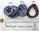 English Cut Beads Size Chart shows the 4mm, 8mm and 10mm sized beads next to a penny and a ruler for visual reference.