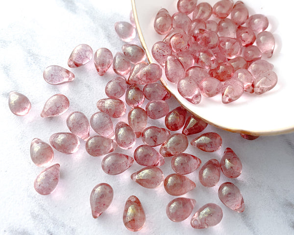 6x9mm Side Drilled Teardrops Transparent Pink Glass Smooth Pressed Glass Drop Bead 0EVE1430