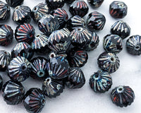 9mm Fluted Bicone Beads Black Picasso Czech Glass Beads 0EVE1424