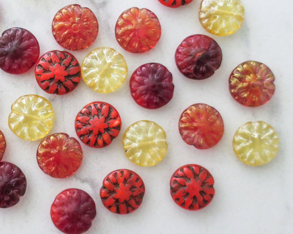 14mm Dahlia Flower Large Coin Beads Flower Garden Mixed Colors Red Pink Luster Pressed 3D Czech Glass Focal Beads Bulk Buy Option 0EVEML27