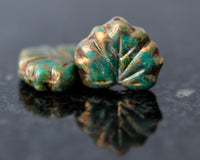 Maple Leaf Beads Opaque Army Green with Gold and Coral Finish 10x13mm Center Drilled Czech Glass Beads 0EVE1500