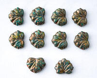 Maple Leaf Beads Opaque Army Green with Gold and Coral Finish 10x13mm Center Drilled Czech Glass Beads 0EVE1500