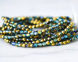 4mm Fire Polished Beads Gold Luster and Aqua Blue Green AB Finish Czech Glass Faceted Round Beads - 50 Beads 0EVE1785