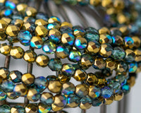 4mm Fire Polished Beads Gold Luster and Aqua Blue Green AB Finish Czech Glass Faceted Round Beads - 50 Beads 0EVE1785