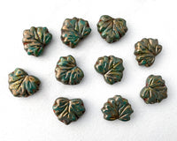 Maple Leaf Beads Opaque Army Green with Gold and Coral Finish 10x13mm Center Drilled Czech Glass Beads 0EVE1500