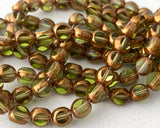 6mm Druk Bead Vintage Tri Cut Style Olive Green and Gold Czech Glass Beads 0EVE1606