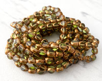 6mm Druk Bead Vintage Tri Cut Style Olive Green and Gold Czech Glass Beads 0EVE1606