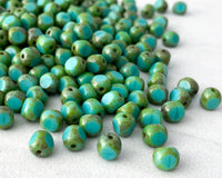 6mm Druk Bead Turquoise Blue with Green Picasso Edge Vintage Tri Cut Style Czech Glass Beads 0EVE2011