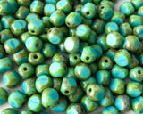 8mm Druk Bead Turquoise Blue with Green Picasso Edge Vintage Tri Cut Style Czech Glass Beads 0EVE2010