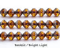 9mm Fluted Bicone Beads Amber Picasso Czech Glass Beads 0EVE1425