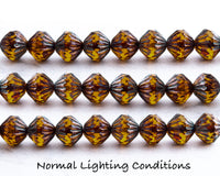 9mm Fluted Bicone Beads Amber Picasso Czech Glass Beads 0EVE1425