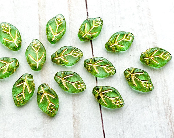 12x7mm Side Drilled Leaf Beads Peridot Light Green Czech Glass Leaves with Gold Inlay 0EVE1180