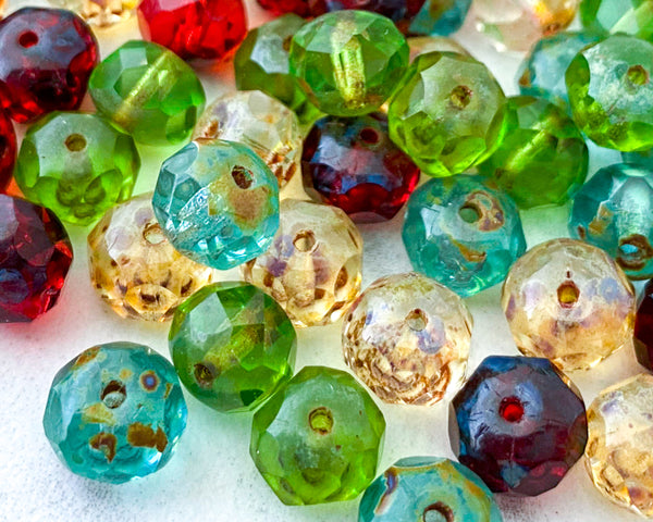 6x8mm Rondelle Beads Mixed Lot Picasso Beads - Clear Picasso, Aqua Picasso, Green Picasso and Red Picasso Fire Polished Czech Glass Christmas Beads Mixed Bead Soup 0EVE1418