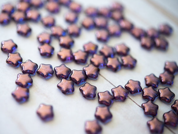 8mm Small Glass Star Beads Lumi Amethyst Purple with Bronze Accents Czech Glass Celestial Pentagram 00EVE814