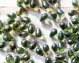 6x9mm Lumi Moss Green Side Drilled Teardrop Czech Glass Smooth Pressed Glass Drop Bead 00EVE928