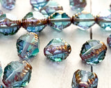 Bicone Beads Fancy Cut Antik Czech Glass 10x8mm Aqua Blue Violet Mix with Bronze Edge 0EVE1269