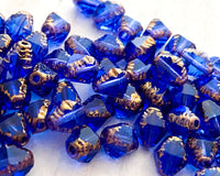 Bicone Beads 8x6mm Czech Glass Antik Fancy Cut Sapphire Blue with Gold Edge 0EVE1285