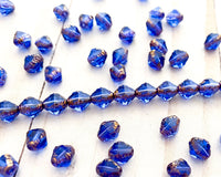 Bicone Beads 8x6mm Czech Glass Antik Fancy Cut Sapphire Blue with Gold Edge 0EVE1285