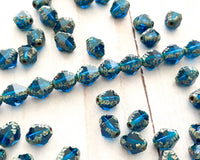 Bicone Beads 8x6mm Czech Glass Antik Fancy Cut Dark Blue Aqua with Green Gray Picasso Edge Finish 0EVE1276