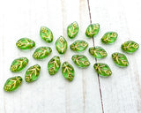 12x7mm Side Drilled Leaf Beads Peridot Light Green Czech Glass Leaves with Gold Inlay 0EVE1180