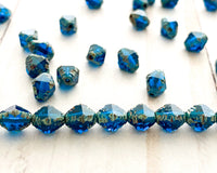 Bicone Beads 8x6mm Czech Glass Antik Fancy Cut Dark Blue Aqua with Green Gray Picasso Edge Finish 0EVE1276