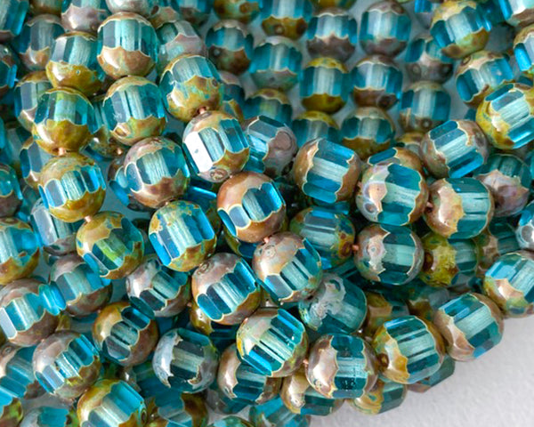 8mm Aqua Blue with Green Picasso Cathedral Beads Window Cut Czech Glass Beads Multi Faceted Special Cut 0EVE1565