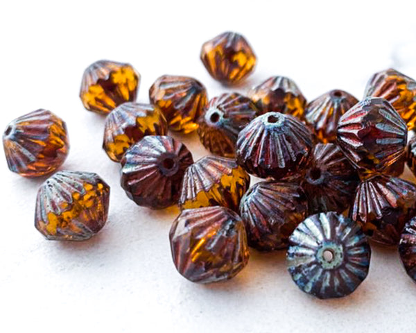 9mm Fluted Bicone Beads Amber Picasso Czech Glass Beads 0EVE1425