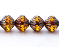 9mm Fluted Bicone Beads Amber Picasso Czech Glass Beads 0EVE1425