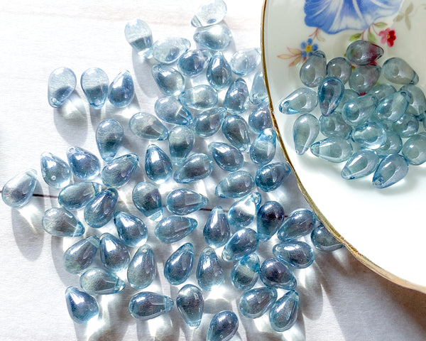 6x9mm Lumi Blue Side Drilled Teardrop Czech Glass Smooth Pressed Glass Drop Bead 00EVE892