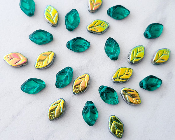 12x7mm Side Drilled Leaf Beads Teal Green Vitrail Golden Rainbow Czech Pressed Glass Metallic Leaves 0EVE1895