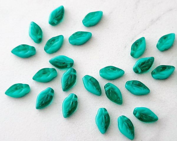 10x6mm Side Drilled Leaf Beads Mint Green and Emerald Green Czech Glass Semi Opaque Czech Pressed Glass Leaves 0EVE1886