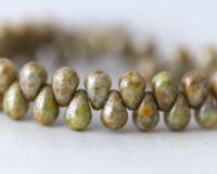 4x6mm Teardrops Side Drilled Drop Beads Sage Green and Pale Olive Picasso Czech Glass Beads  - 50 Beads 0EVE2292