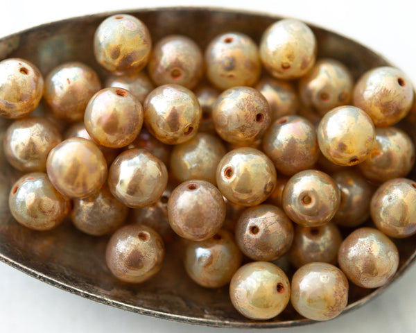 8mm Druk Beads Beige Champagne Czech Glass Round Beads Semi Opaque Gold Brown Finish Beads Earth Tones 0EVE2688