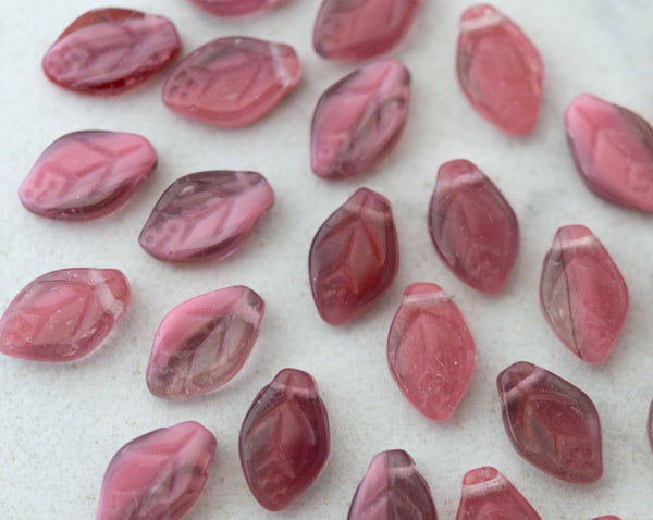 12x7mm Side Drilled Leaf Beads Pink Fuchsia Petals Czech Glass Pressed Glass 0EVE2701