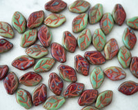 12x7mm Side Drilled Leaf Beads Red and Green Picasso Opaque Czech Pressed Glass Leaves 0EVE2703