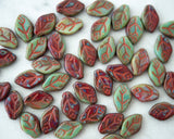 12x7mm Side Drilled Leaf Beads Red and Green Picasso Opaque Czech Pressed Glass Leaves 0EVE2703