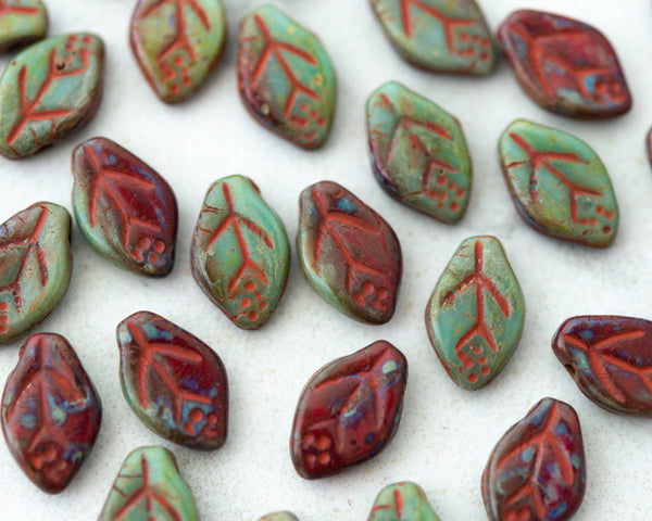 12x7mm Side Drilled Leaf Beads Red and Green Picasso Opaque Czech Pressed Glass Leaves 0EVE2703