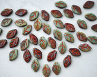 12x7mm Side Drilled Leaf Beads Red and Green Picasso Opaque Czech Pressed Glass Leaves 0EVE2703