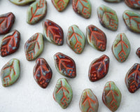 12x7mm Side Drilled Leaf Beads Red and Green Picasso Opaque Czech Pressed Glass Leaves 0EVE2703