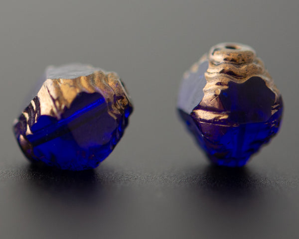 Bicone Beads Fancy Cut Antik Czech Glass 10x8mm Cobalt Blue with Gold Edge 0EVE1894